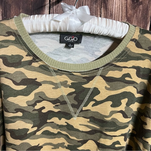 Gigio USA Camouflage Army Brat Forrest Green Ribbed Raw Hem Sweatshirt Sz L - Picture 3 of 10
